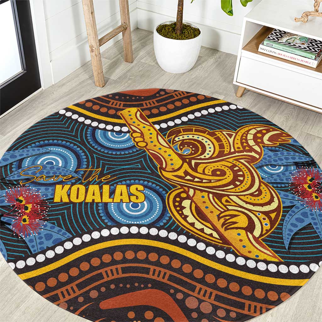 Aboriginal Dot Painting Koala Bear Round Carpet Aussie Eucalyptus Caesia Flowers