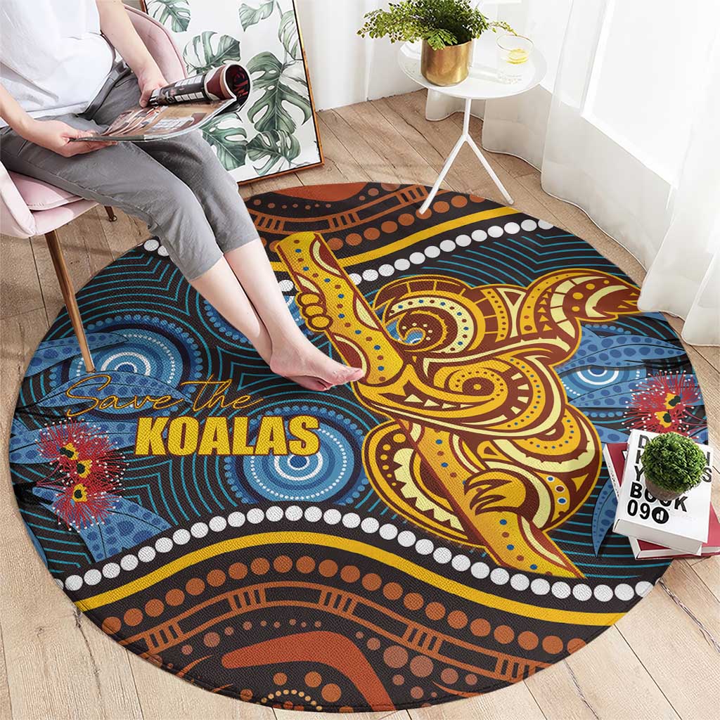 Aboriginal Dot Painting Koala Bear Round Carpet Aussie Eucalyptus Caesia Flowers