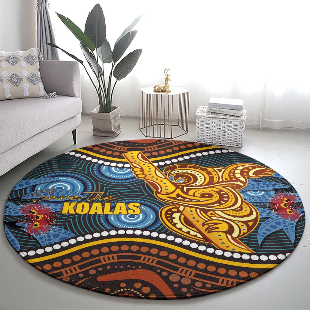 Aboriginal Dot Painting Koala Bear Round Carpet Aussie Eucalyptus Caesia Flowers