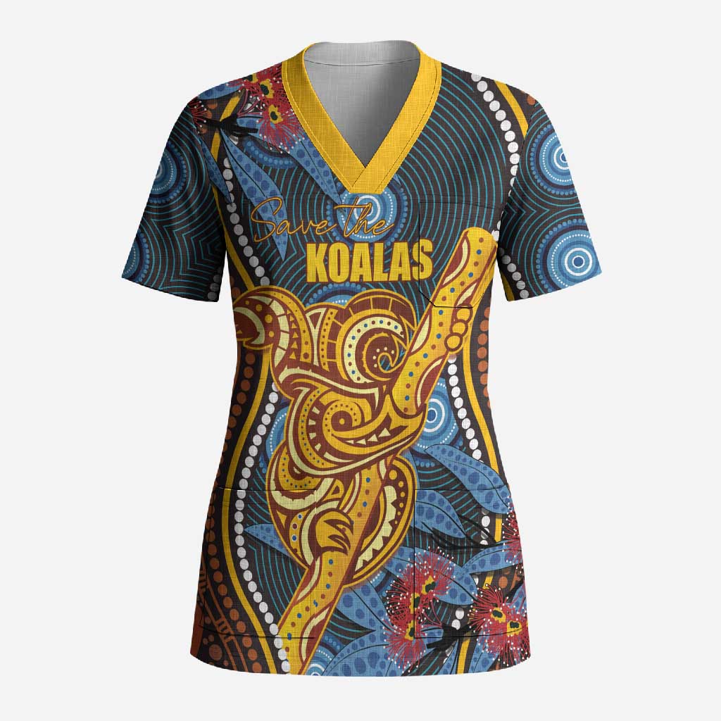 Aboriginal Dot Painting Koala Bear Personalised Scrub Top Aussie Eucalyptus Caesia Flowers