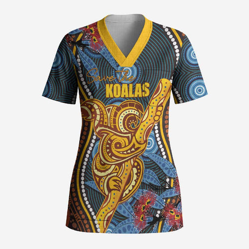 Aboriginal Dot Painting Koala Bear Personalised Scrub Top Aussie Eucalyptus Caesia Flowers