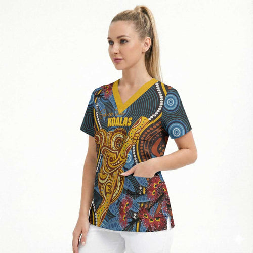 Aboriginal Dot Painting Koala Bear Personalised Scrub Top Aussie Eucalyptus Caesia Flowers