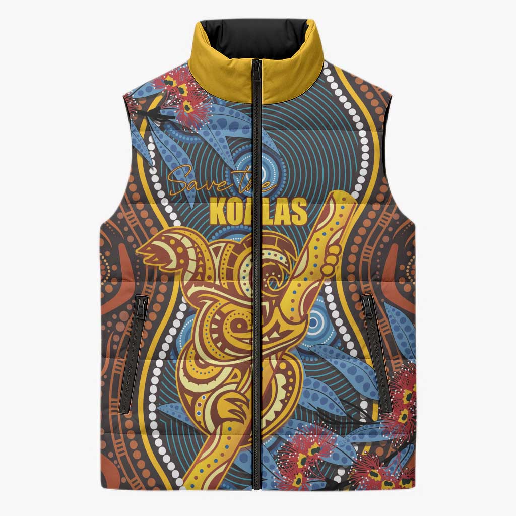 Aboriginal Dot Painting Koala Bear Personalised Sleeveless Puffer Jacket Aussie Eucalyptus Caesia Flowers