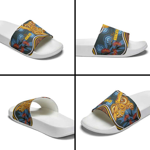 Aboriginal Dot Painting Koala Bear Slide Sandals Aussie Eucalyptus Caesia Flowers