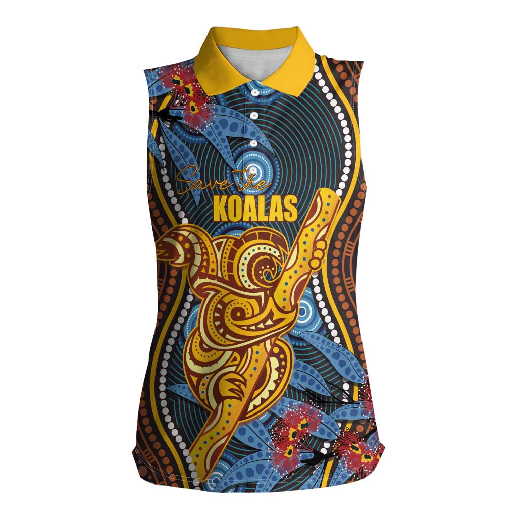 Aboriginal Dot Painting Koala Bear Personalised Women Sleeveless Polo Shirt Aussie Eucalyptus Caesia Flowers