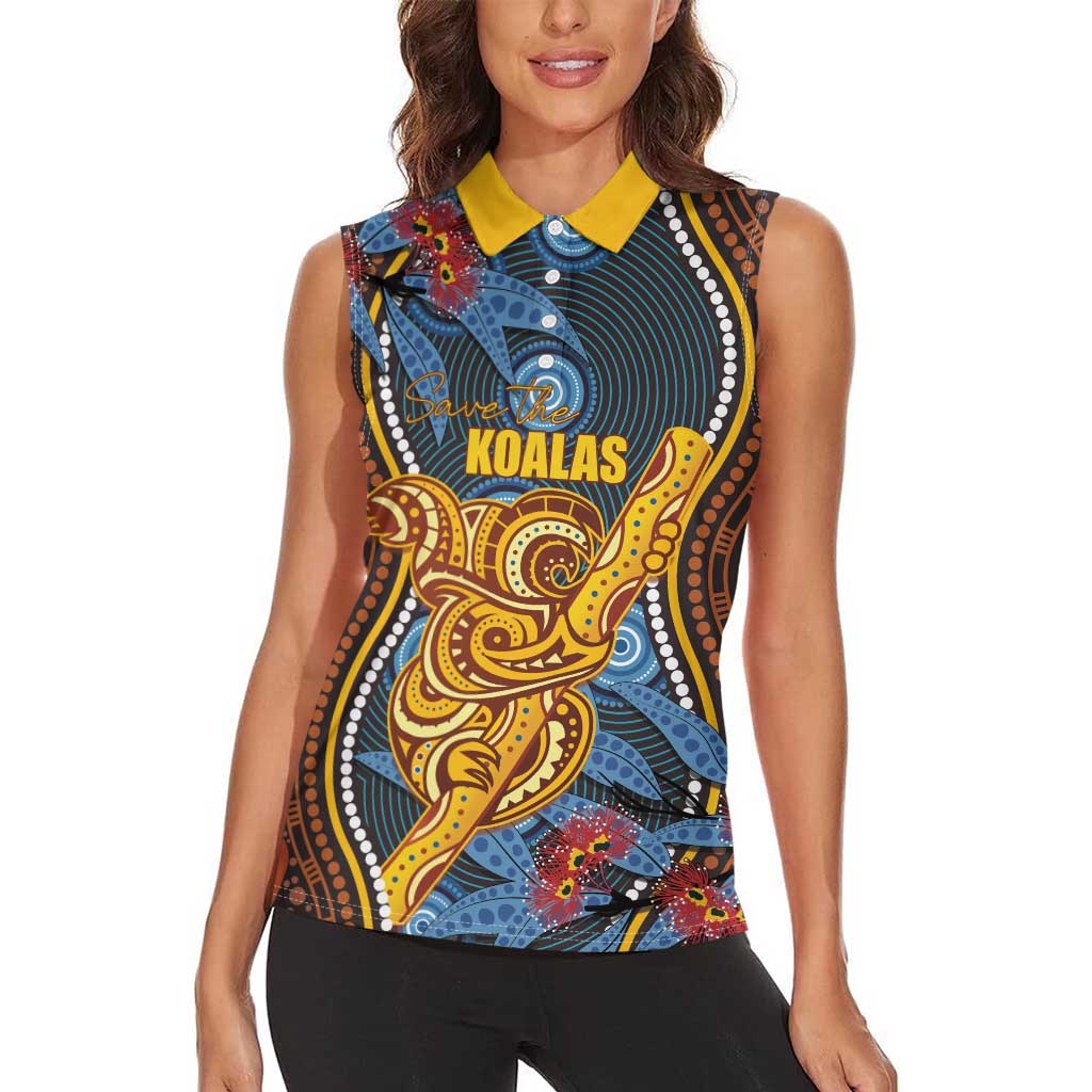 Aboriginal Dot Painting Koala Bear Personalised Women Sleeveless Polo Shirt Aussie Eucalyptus Caesia Flowers