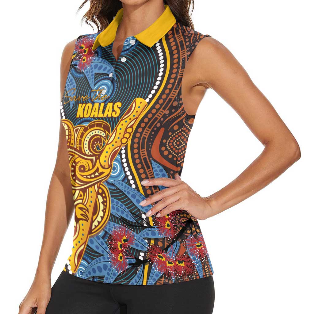 Aboriginal Dot Painting Koala Bear Personalised Women Sleeveless Polo Shirt Aussie Eucalyptus Caesia Flowers