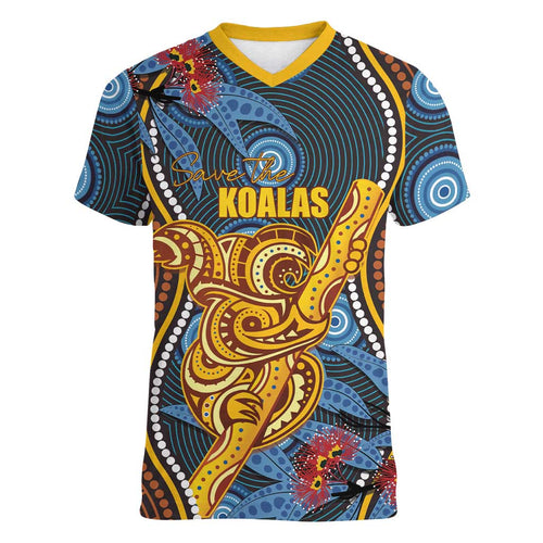 Aboriginal Dot Painting Koala Bear Personalised Women V-Neck T-Shirt Aussie Eucalyptus Caesia Flowers
