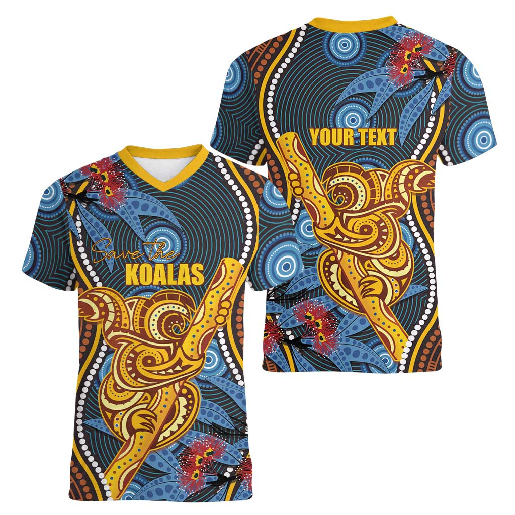 Aboriginal Dot Painting Koala Bear Personalised Women V-Neck T-Shirt Aussie Eucalyptus Caesia Flowers