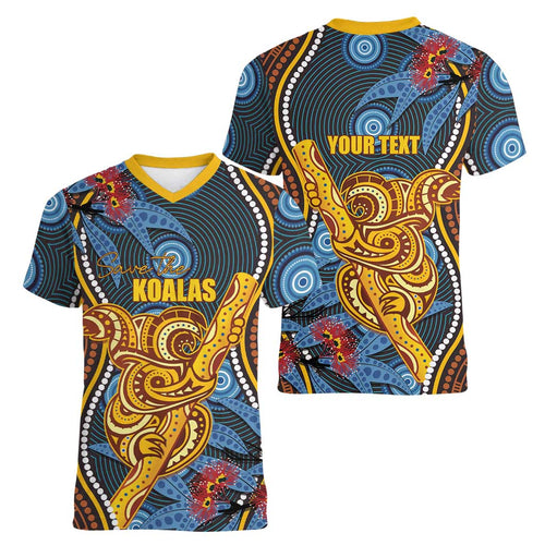 Aboriginal Dot Painting Koala Bear Personalised Women V-Neck T-Shirt Aussie Eucalyptus Caesia Flowers