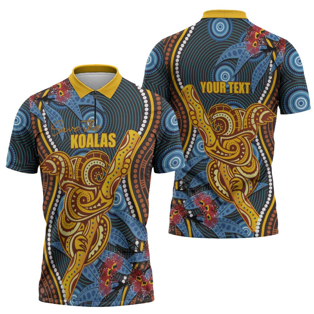 Aboriginal Dot Painting Koala Bear Personalised Zipper Polo Shirt Aussie Eucalyptus Caesia Flowers