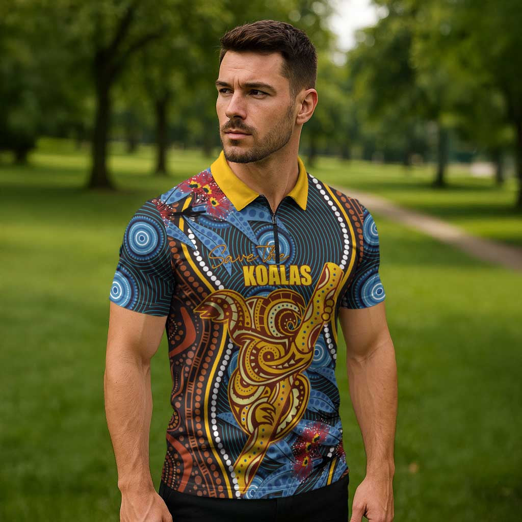 Aboriginal Dot Painting Koala Bear Personalised Zipper Polo Shirt Aussie Eucalyptus Caesia Flowers