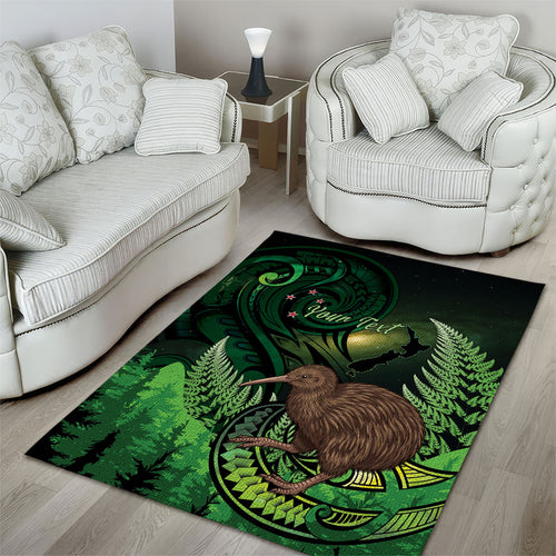 Kiwi New Zealand Personalised Area Rug Aotearoa Map Silver Fern Koru Pattern