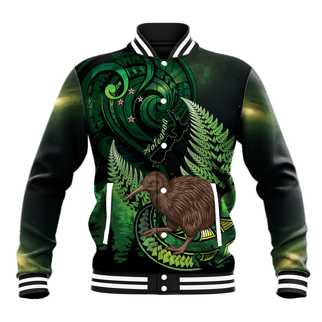 Kiwi New Zealand Personalised Baseball Jacket Aotearoa Map Silver Fern Koru Pattern