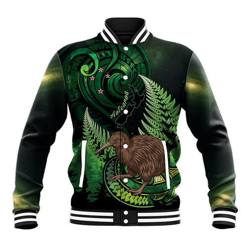 Kiwi New Zealand Personalised Baseball Jacket Aotearoa Map Silver Fern Koru Pattern