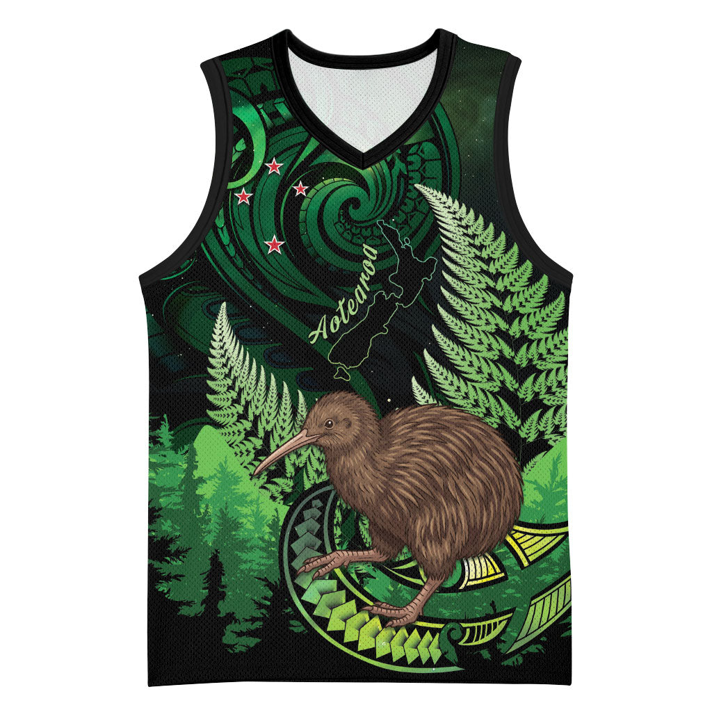 Kiwi New Zealand Personalised Basketball Jersey Aotearoa Map Silver Fern Koru Pattern