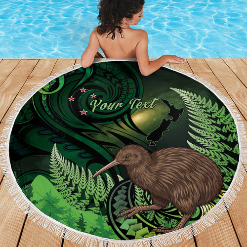 Kiwi New Zealand Personalised Beach Blanket Aotearoa Map Silver Fern Koru Pattern