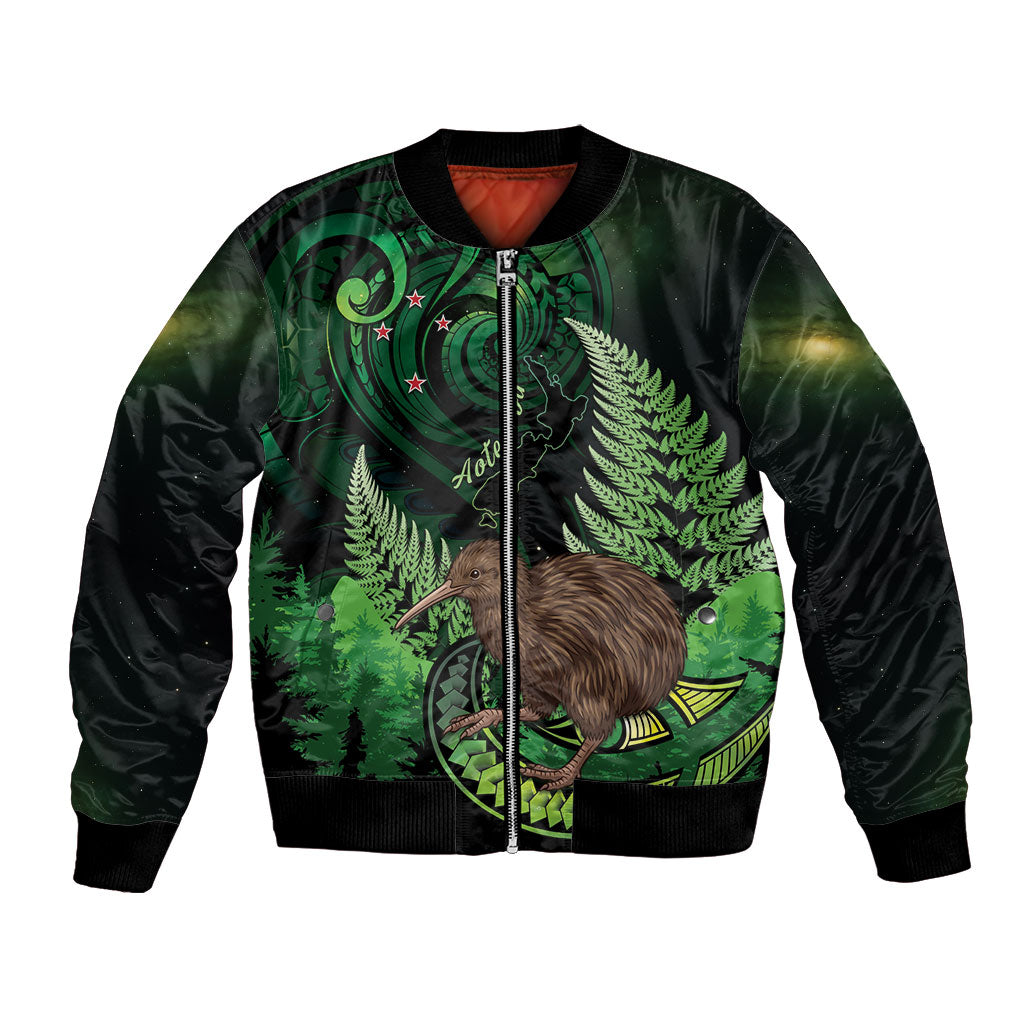 Kiwi New Zealand Personalised Bomber Jacket Aotearoa Map Silver Fern Koru Pattern