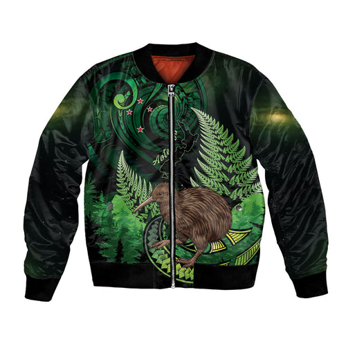 Kiwi New Zealand Personalised Bomber Jacket Aotearoa Map Silver Fern Koru Pattern