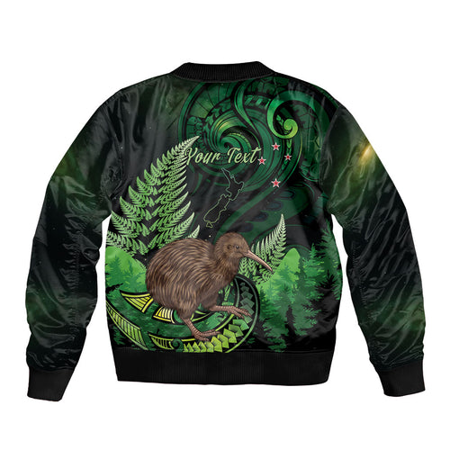 Kiwi New Zealand Personalised Bomber Jacket Aotearoa Map Silver Fern Koru Pattern