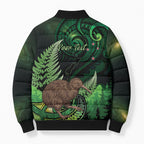 Kiwi New Zealand Personalised Bomber Puffer Jacket Aotearoa Map Silver Fern Koru Pattern