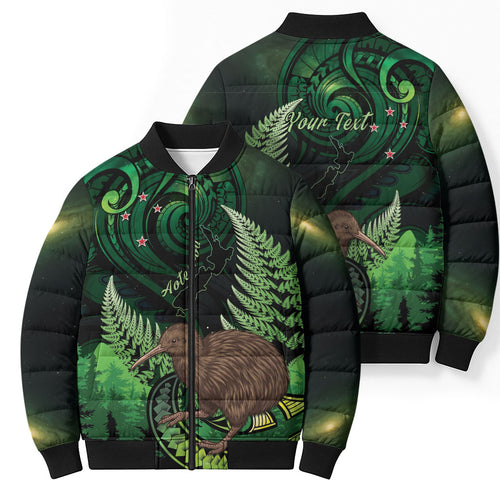 Kiwi New Zealand Personalised Bomber Puffer Jacket Aotearoa Map Silver Fern Koru Pattern