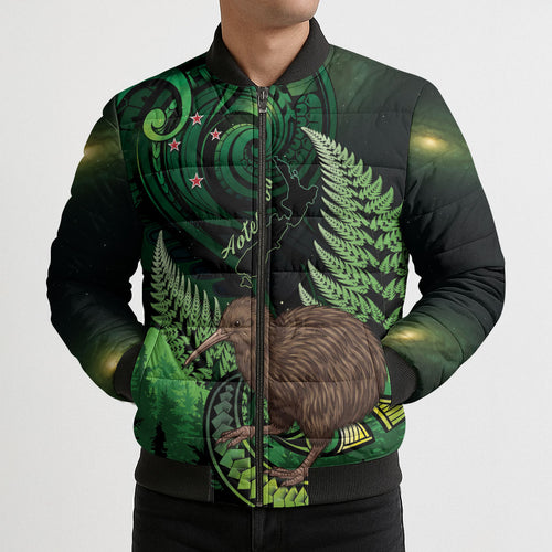Kiwi New Zealand Personalised Bomber Puffer Jacket Aotearoa Map Silver Fern Koru Pattern