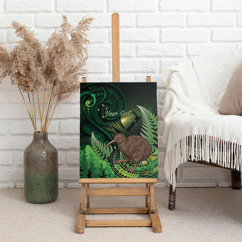 Kiwi New Zealand Personalised Canvas Wall Art Aotearoa Map Silver Fern Koru Pattern