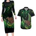 Kiwi New Zealand Personalised Couples Matching Long Sleeve Bodycon Dress and Hawaiian Shirt Aotearoa Map Silver Fern Koru Pattern