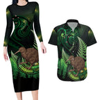 Kiwi New Zealand Personalised Couples Matching Long Sleeve Bodycon Dress and Hawaiian Shirt Aotearoa Map Silver Fern Koru Pattern