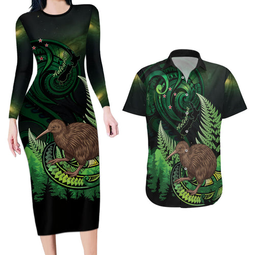 Kiwi New Zealand Personalised Couples Matching Long Sleeve Bodycon Dress and Hawaiian Shirt Aotearoa Map Silver Fern Koru Pattern