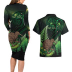 Kiwi New Zealand Personalised Couples Matching Long Sleeve Bodycon Dress and Hawaiian Shirt Aotearoa Map Silver Fern Koru Pattern