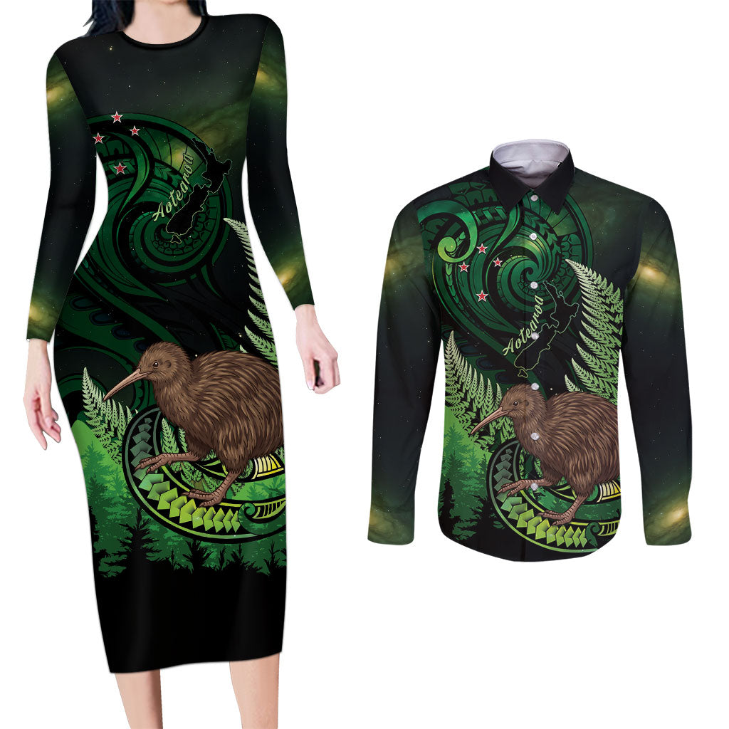 Kiwi New Zealand Personalised Couples Matching Long Sleeve Bodycon Dress and Long Sleeve Button Shirt Aotearoa Map Silver Fern Koru Pattern