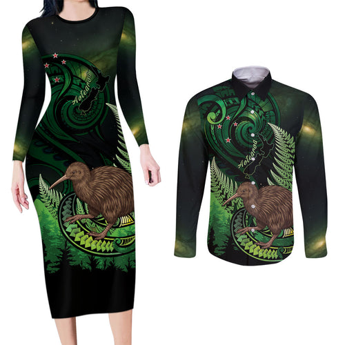 Kiwi New Zealand Personalised Couples Matching Long Sleeve Bodycon Dress and Long Sleeve Button Shirt Aotearoa Map Silver Fern Koru Pattern