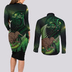 Kiwi New Zealand Personalised Couples Matching Long Sleeve Bodycon Dress and Long Sleeve Button Shirt Aotearoa Map Silver Fern Koru Pattern