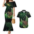Kiwi New Zealand Personalised Couples Matching Mermaid Dress and Hawaiian Shirt Aotearoa Map Silver Fern Koru Pattern