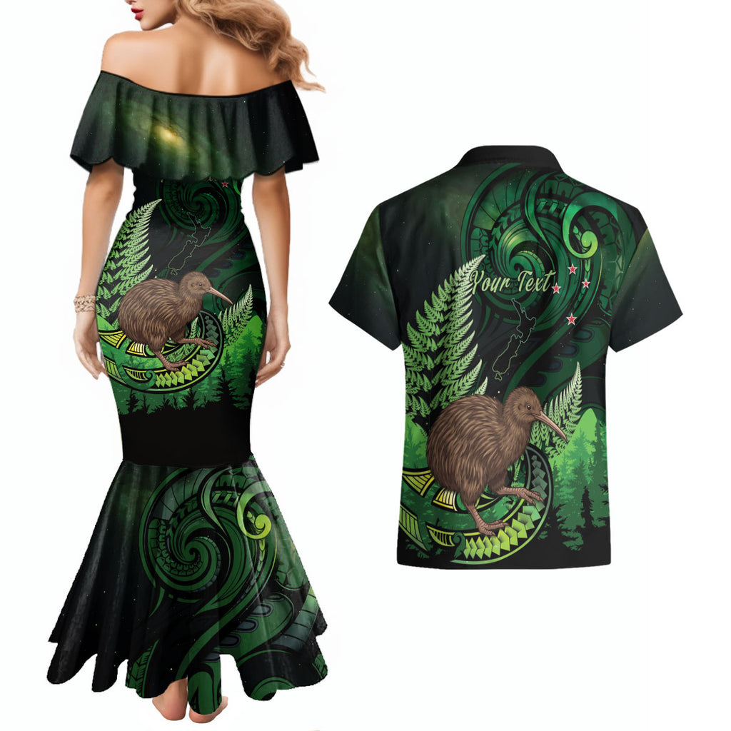 Kiwi New Zealand Personalised Couples Matching Mermaid Dress and Hawaiian Shirt Aotearoa Map Silver Fern Koru Pattern