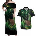 Kiwi New Zealand Personalised Couples Matching Off Shoulder Maxi Dress and Hawaiian Shirt Aotearoa Map Silver Fern Koru Pattern