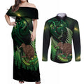 Kiwi New Zealand Personalised Couples Matching Off Shoulder Maxi Dress and Long Sleeve Button Shirt Aotearoa Map Silver Fern Koru Pattern