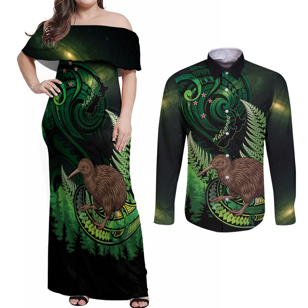 Kiwi New Zealand Personalised Couples Matching Off Shoulder Maxi Dress and Long Sleeve Button Shirt Aotearoa Map Silver Fern Koru Pattern