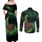 Kiwi New Zealand Personalised Couples Matching Off Shoulder Maxi Dress and Long Sleeve Button Shirt Aotearoa Map Silver Fern Koru Pattern