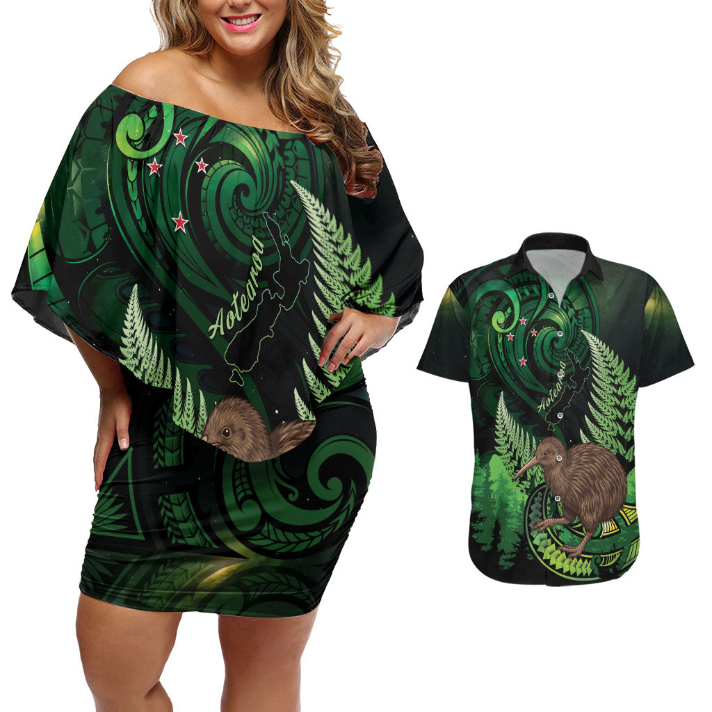 Kiwi New Zealand Personalised Couples Matching Off Shoulder Short Dress and Hawaiian Shirt Aotearoa Map Silver Fern Koru Pattern