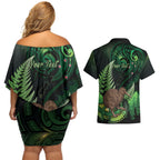 Kiwi New Zealand Personalised Couples Matching Off Shoulder Short Dress and Hawaiian Shirt Aotearoa Map Silver Fern Koru Pattern