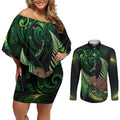 Kiwi New Zealand Personalised Couples Matching Off Shoulder Short Dress and Long Sleeve Button Shirt Aotearoa Map Silver Fern Koru Pattern