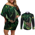 Kiwi New Zealand Personalised Couples Matching Off Shoulder Short Dress and Long Sleeve Button Shirt Aotearoa Map Silver Fern Koru Pattern