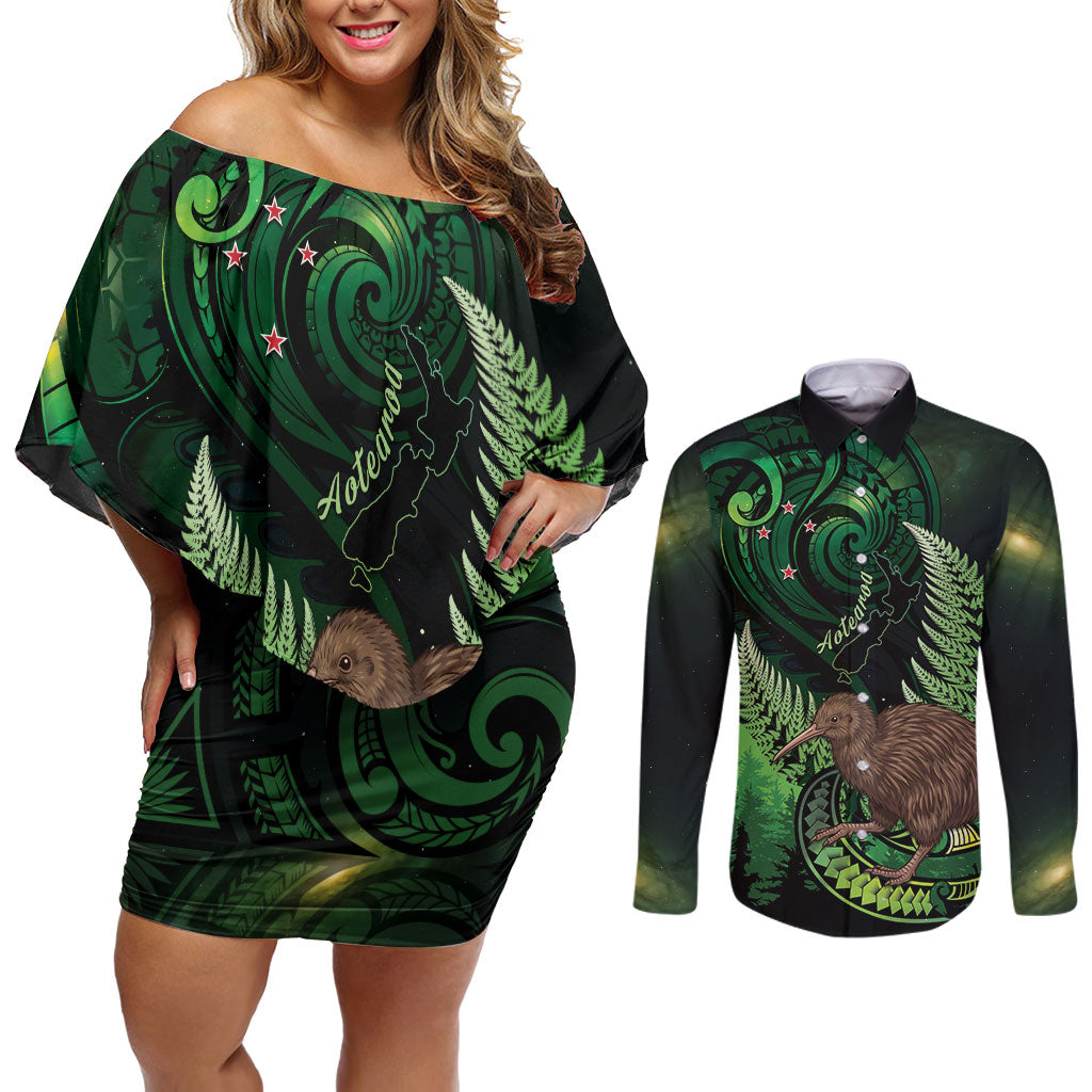 Kiwi New Zealand Personalised Couples Matching Off Shoulder Short Dress and Long Sleeve Button Shirt Aotearoa Map Silver Fern Koru Pattern