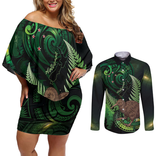 Kiwi New Zealand Personalised Couples Matching Off Shoulder Short Dress and Long Sleeve Button Shirt Aotearoa Map Silver Fern Koru Pattern
