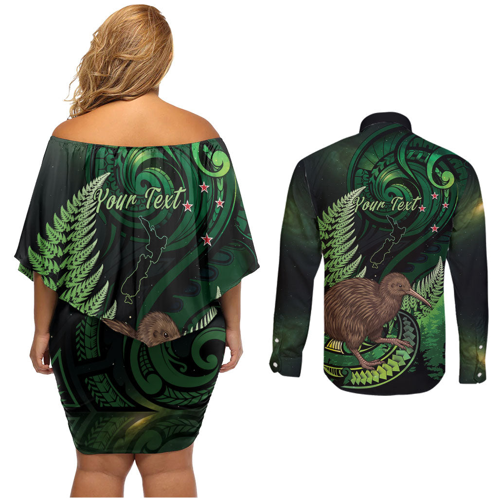 Kiwi New Zealand Personalised Couples Matching Off Shoulder Short Dress and Long Sleeve Button Shirt Aotearoa Map Silver Fern Koru Pattern