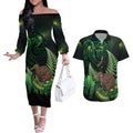 Kiwi New Zealand Personalised Couples Matching Off The Shoulder Long Sleeve Dress and Hawaiian Shirt Aotearoa Map Silver Fern Koru Pattern
