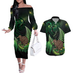 Kiwi New Zealand Personalised Couples Matching Off The Shoulder Long Sleeve Dress and Hawaiian Shirt Aotearoa Map Silver Fern Koru Pattern